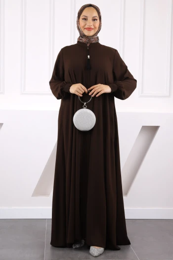 Kahverengi Kol Lastikli Fermuarlı Ferace