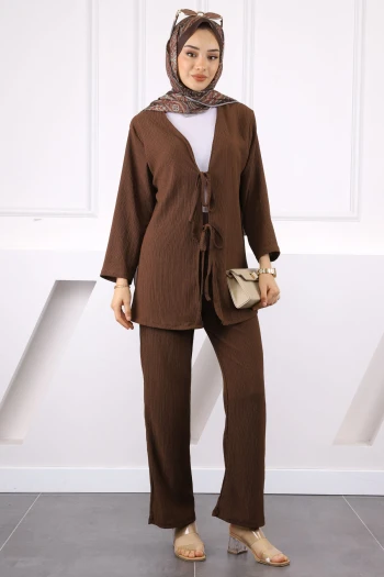 Kahverengi Ön Bağlamalı Bürümcük Kimono Pantolonlu Takım