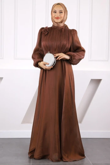 Kahverengi Önü Drapeli Kemerli Şifon Abiye