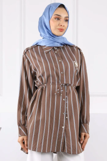 Kahverengi Taş Detaylı Çizgili Tunik