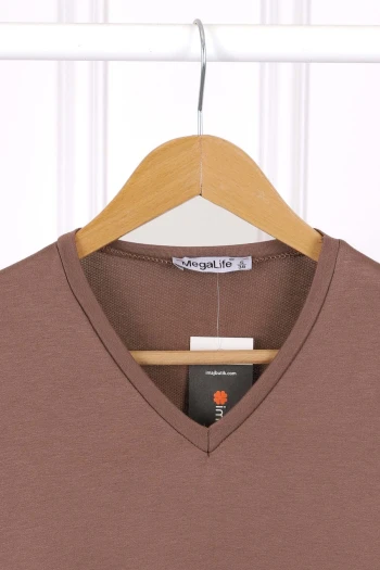 Kahverengi V Yaka Kısa Kol T-Shirt