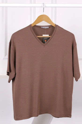 Kahverengi V Yaka Kısa Kol T-Shirt