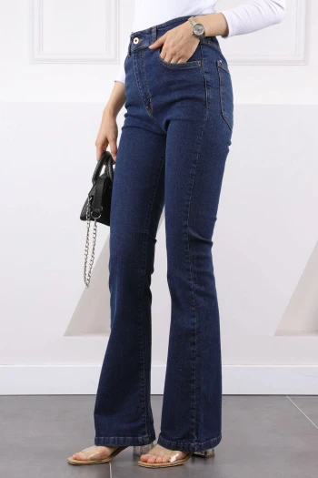 Koyu Mavi Yüksek Bel İspanyol Paça Jeans Pantolon