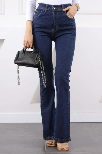 Koyu Mavi Yüksek Bel İspanyol Paça Jeans Pantolon