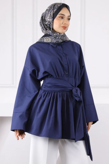 Lacivert Bel Bağlamalı Tunik
