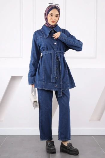 Lacivert Bel Kuşaklı Kot Ceket Pantolon Takım