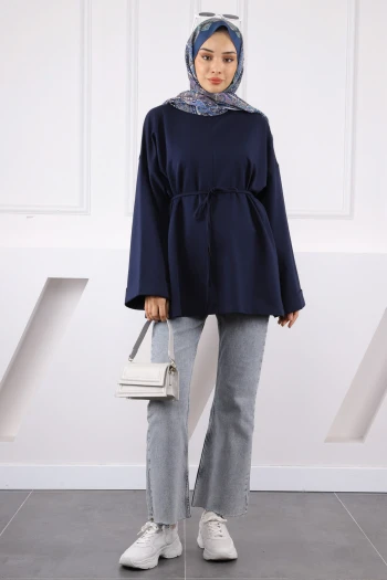 Lacivert Dikiş Detaylı Yanları Yırtmaçlı Sweatshirt