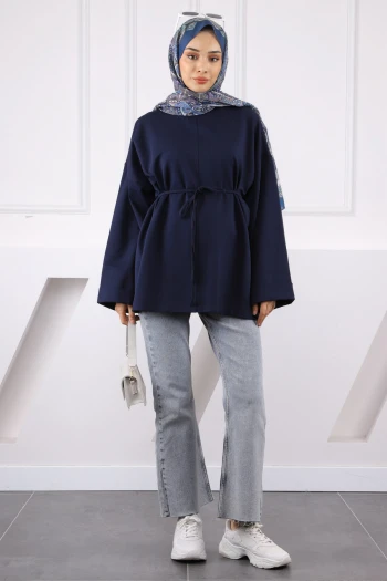 Lacivert Dikiş Detaylı Yanları Yırtmaçlı Sweatshirt