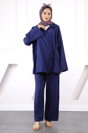 Lacivert Kimono Modal Pantolonlu Takım