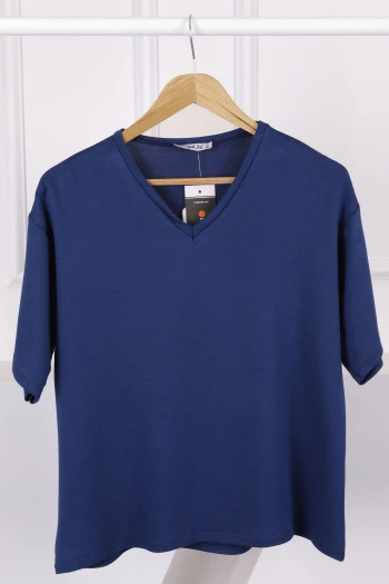 Lacivert V Yaka Kısa Kol T-Shirt