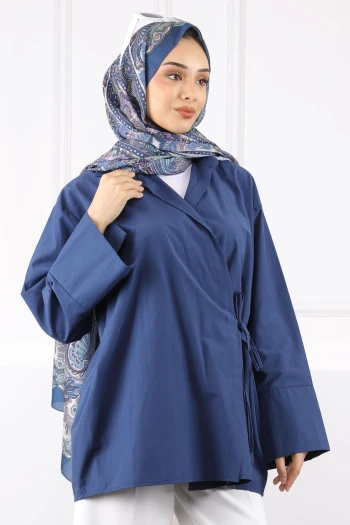 Lacivert Yandan Bağlamalı Kimono