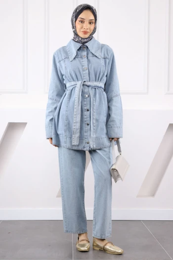 Mavi Bel Kuşaklı Kot Ceket Pantolon Takım