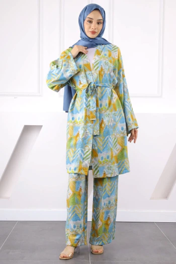 Mavi Desenli Kimono Pantolonlu Takım