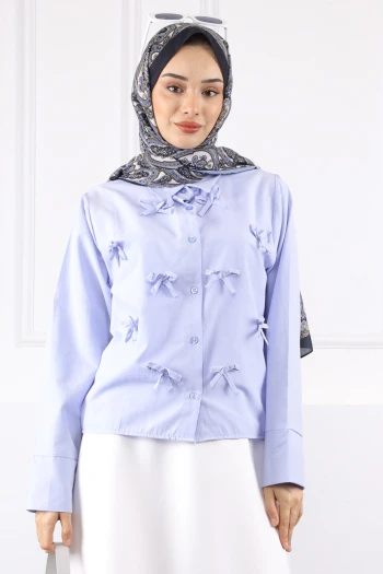 Mavi Fiyonklu Ön Düğmeli Gömlek