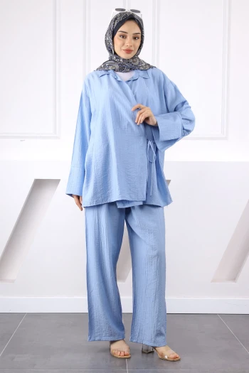 Mavi Kimono Modal Pantolonlu Takım
