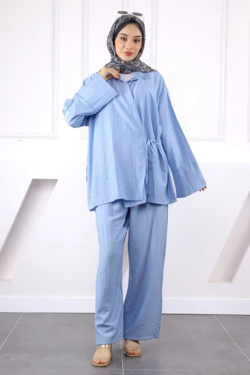 Mavi Kimono Modal Pantolonlu Takım