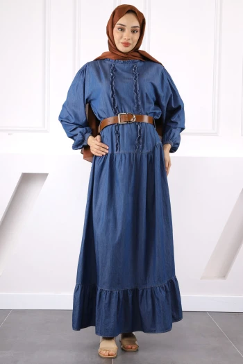 Mavi Kol Lastikli Eteği Katlı Kemerli Elbise