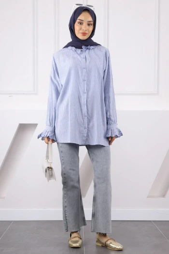 Mavi Yaka Kol Fırfır Nakışlı Tunik