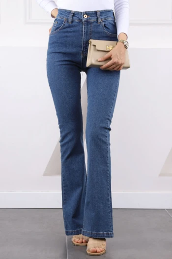 Mavi Yüksek Bel İspanyol Paça Jeans Pantolon