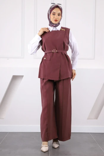 Mürdüm Bel Kemerli Yelek Pantolonlu Takım