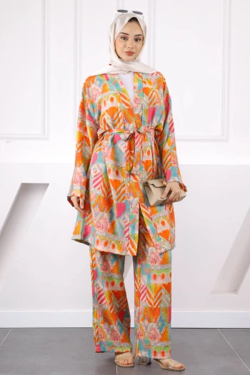 Oranj Desenli Kimono Pantolonlu Takım