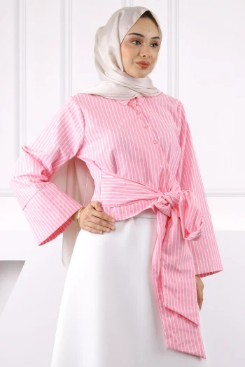 Pembe Bel Bağlamalı Crop Gömlek