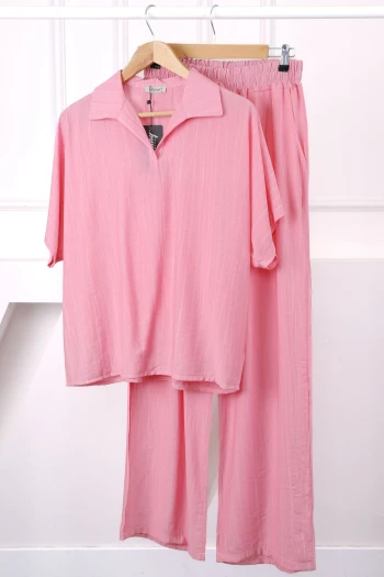 Pembe Düşük Omuz Gömlek Pantolonlu Keten Takım