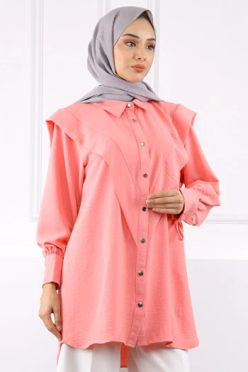 Pembe Ön Detaylı Kol Bağlamalı Tunik
