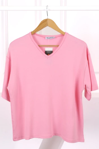 Pembe V Yaka Kısa Kol T-Shirt