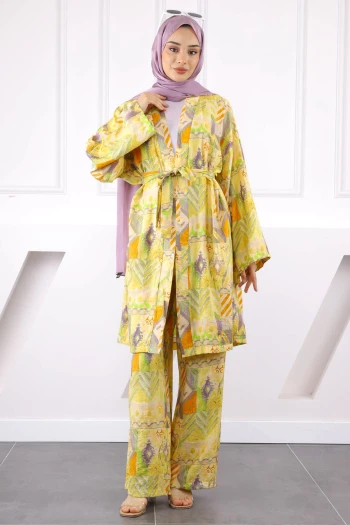 Sarı Desenli Kimono Pantolonlu Takım