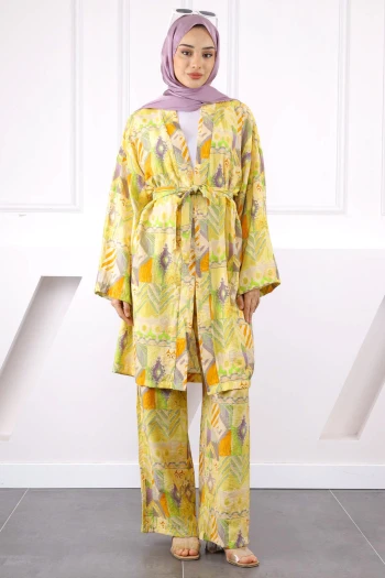 Sarı Desenli Kimono Pantolonlu Takım