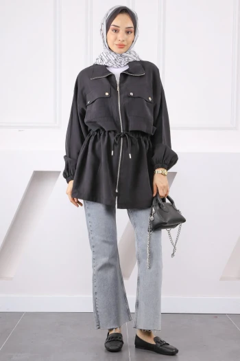 Siyah Bel Bağlamalı Çift Cepli Trençkot