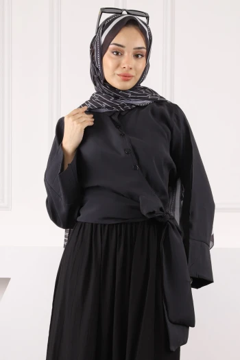 Siyah Bel Bağlamalı Modal Gömlek