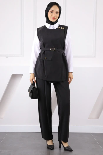 Siyah Bel Kemerli Yelek Pantolonlu Takım