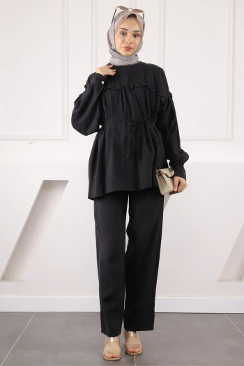 Siyah Beli İpli Tunik Pantolonlu Modal Takım