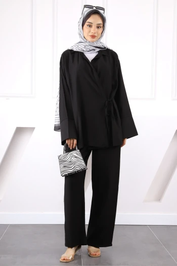 Siyah Kimono Modal Pantolonlu Takım