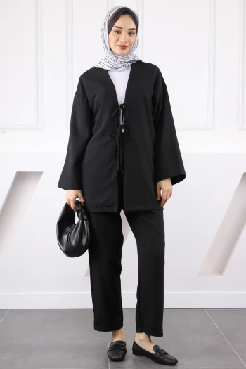 Siyah Kimono Pantolonlu Modal Takım