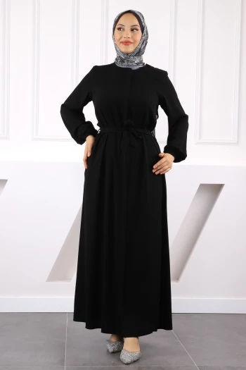 Siyah Kol Lastikli Fermuarlı Ferace