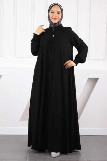 Siyah Kol Lastikli Fermuarlı Ferace