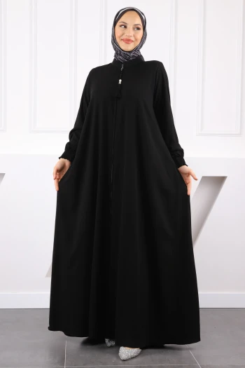 Siyah Kol Lastikli Fermuarlı Ferace