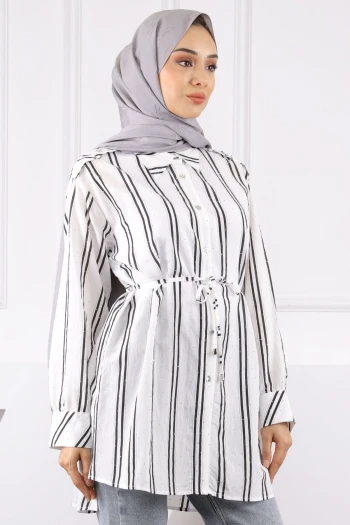 Siyah Taş Detaylı Çizgili Tunik