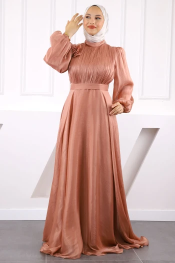 Somon Önü Drapeli Kemerli Şifon Abiye