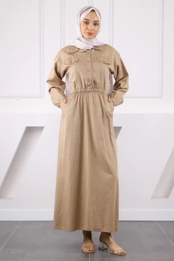 Taş Bel Lastikli Cepli Gabardin Elbise