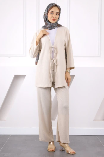 Taş Ön Bağlamalı Bürümcük Kimono Pantolonlu Takım