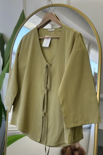 Yağ Yeşili Ön Bağlamalı Kimono