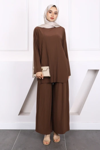 Açık Kahve Piliseli Sandy Tunik Pantolon Takım