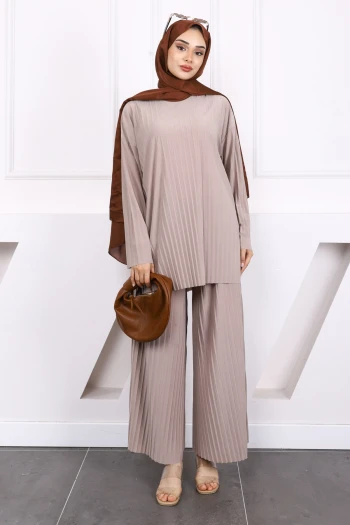 Açık Vizon Piliseli Sandy Tunik Pantolon Takım
