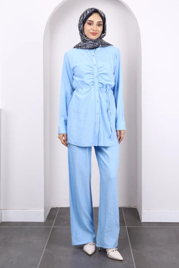 Bebe Mavi Ön Drapeli Tunik Pantolonlu Takım