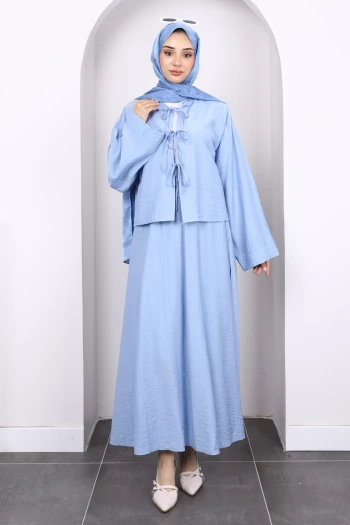 Bebe Mavi Önü Bağlamalı Kimono Etekli Takım
