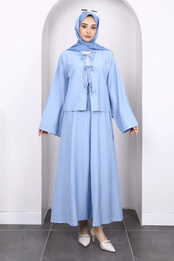 Bebe Mavi Önü Bağlamalı Kimono Etekli Takım
